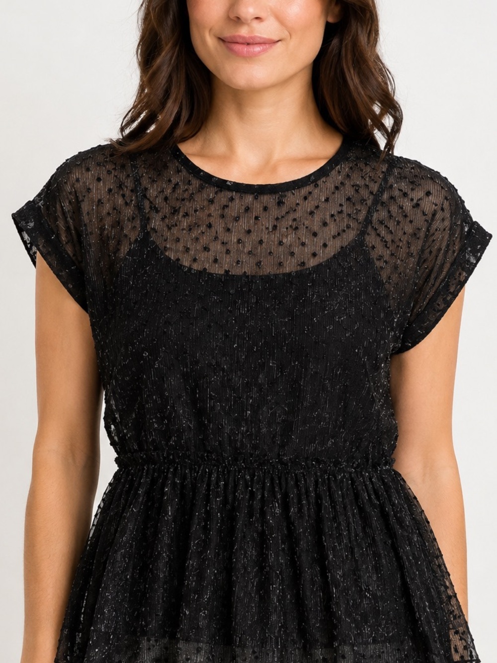 Suzy Shier Black Sheer Dot Peplum Blouse